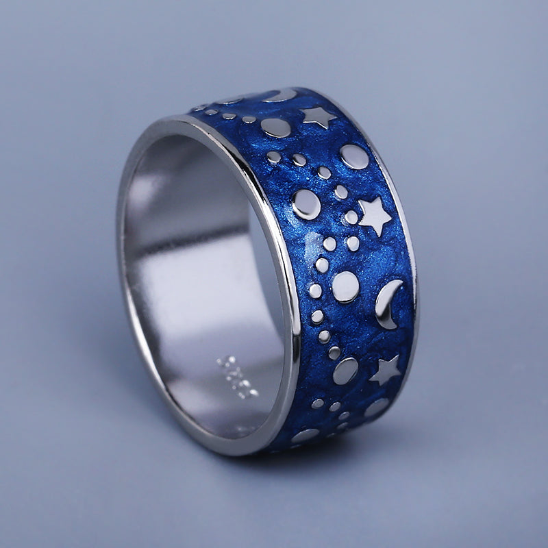 Ring with Enameled Night Sky in Blue Color