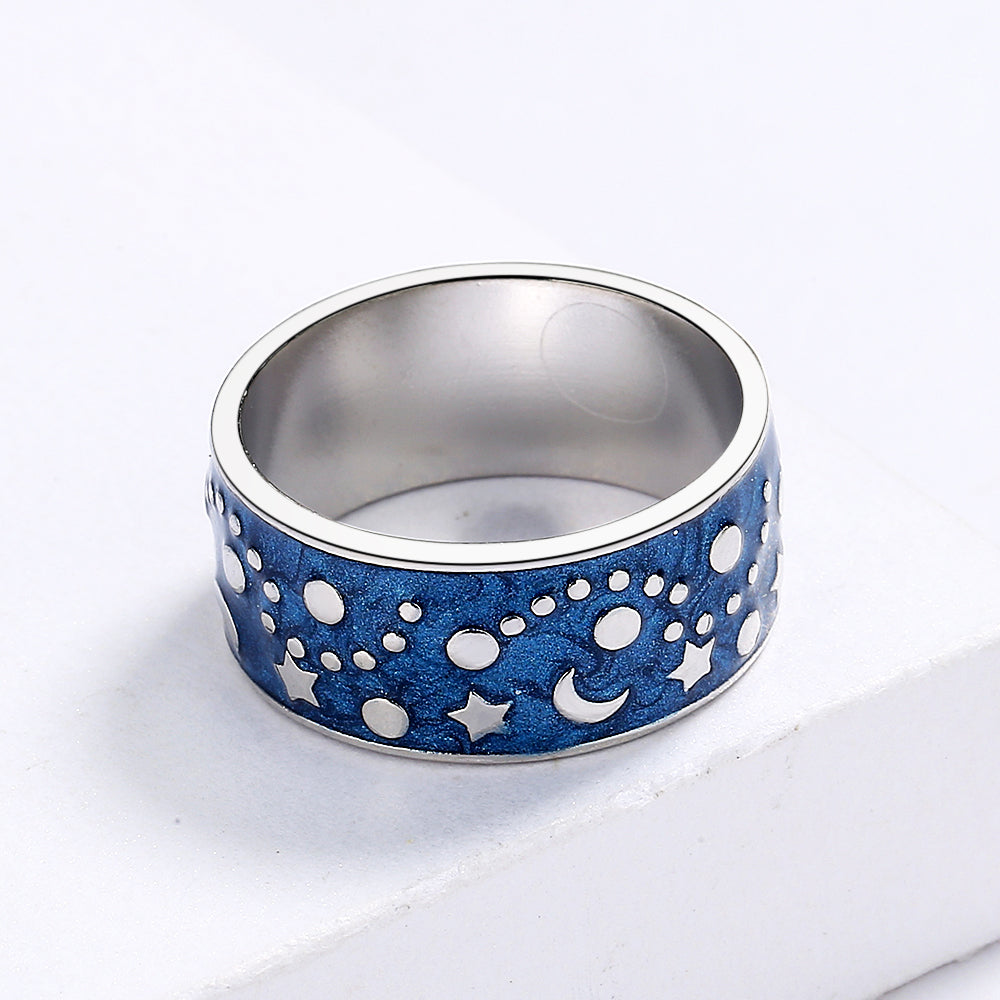 Ring with Enameled Night Sky in Blue Color