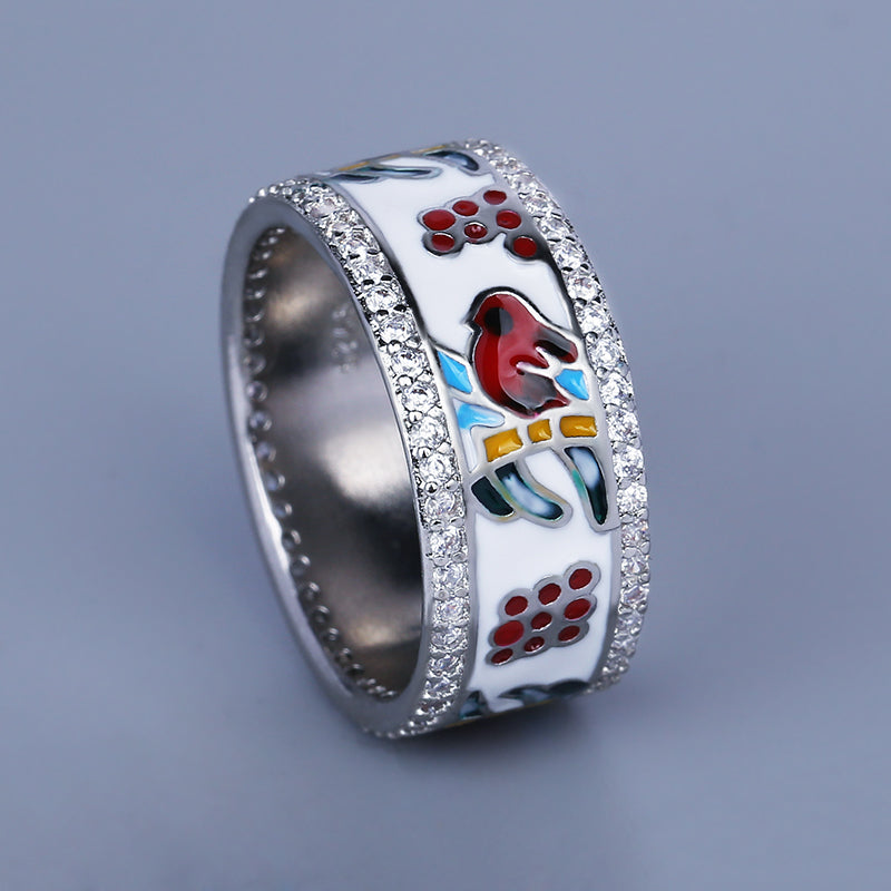 Silver Ring with Enameled Bird and Zirconia