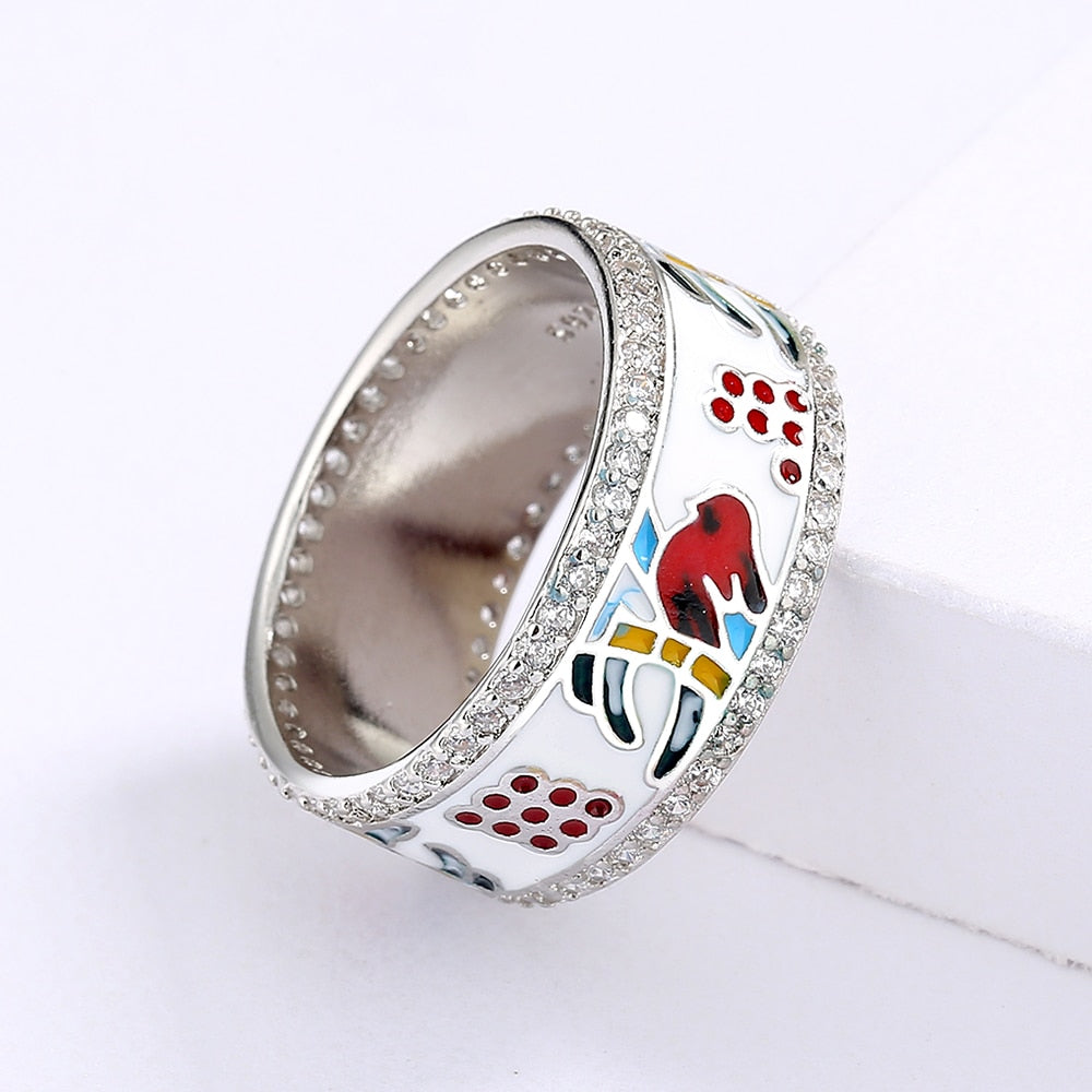 Silver Ring with Enameled Bird and Zirconia