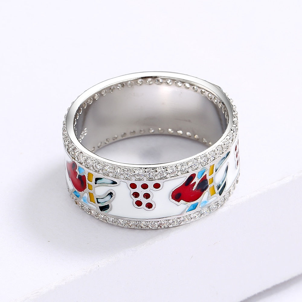 Silver Ring with Enameled Bird and Zirconia