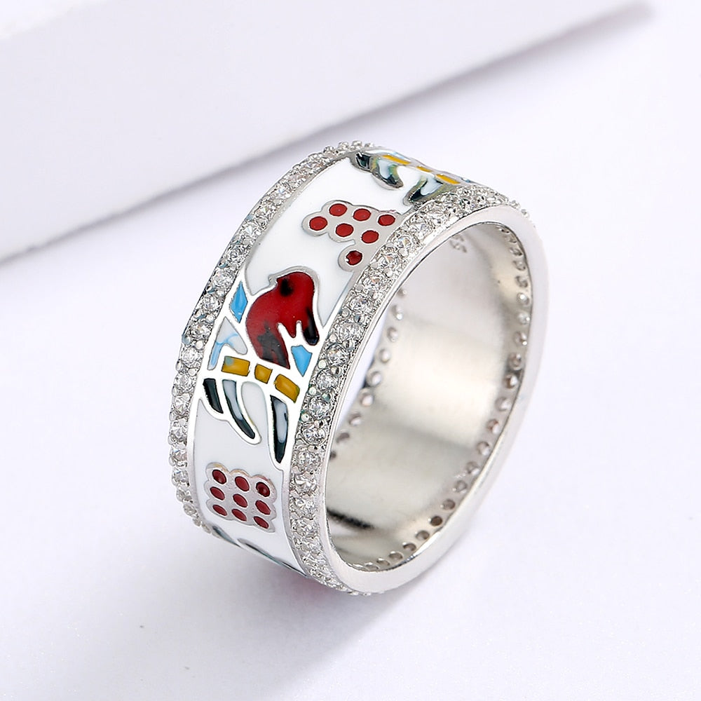 Silver Ring with Enameled Bird and Zirconia