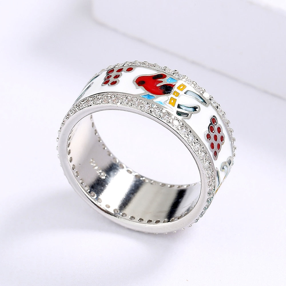 Silver Ring with Enameled Bird and Zirconia