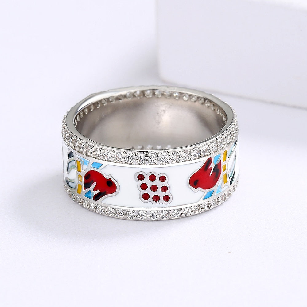 Silver Ring with Enameled Bird and Zirconia