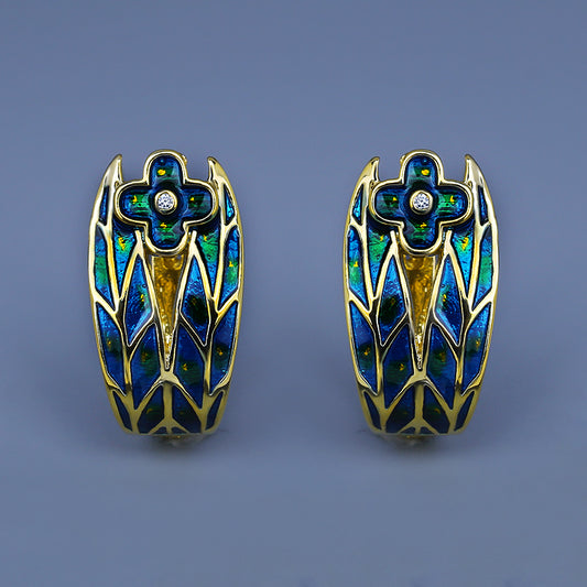 Earrings in Gold Tone with Blue Enameled Flowers and Inlaid Pearl