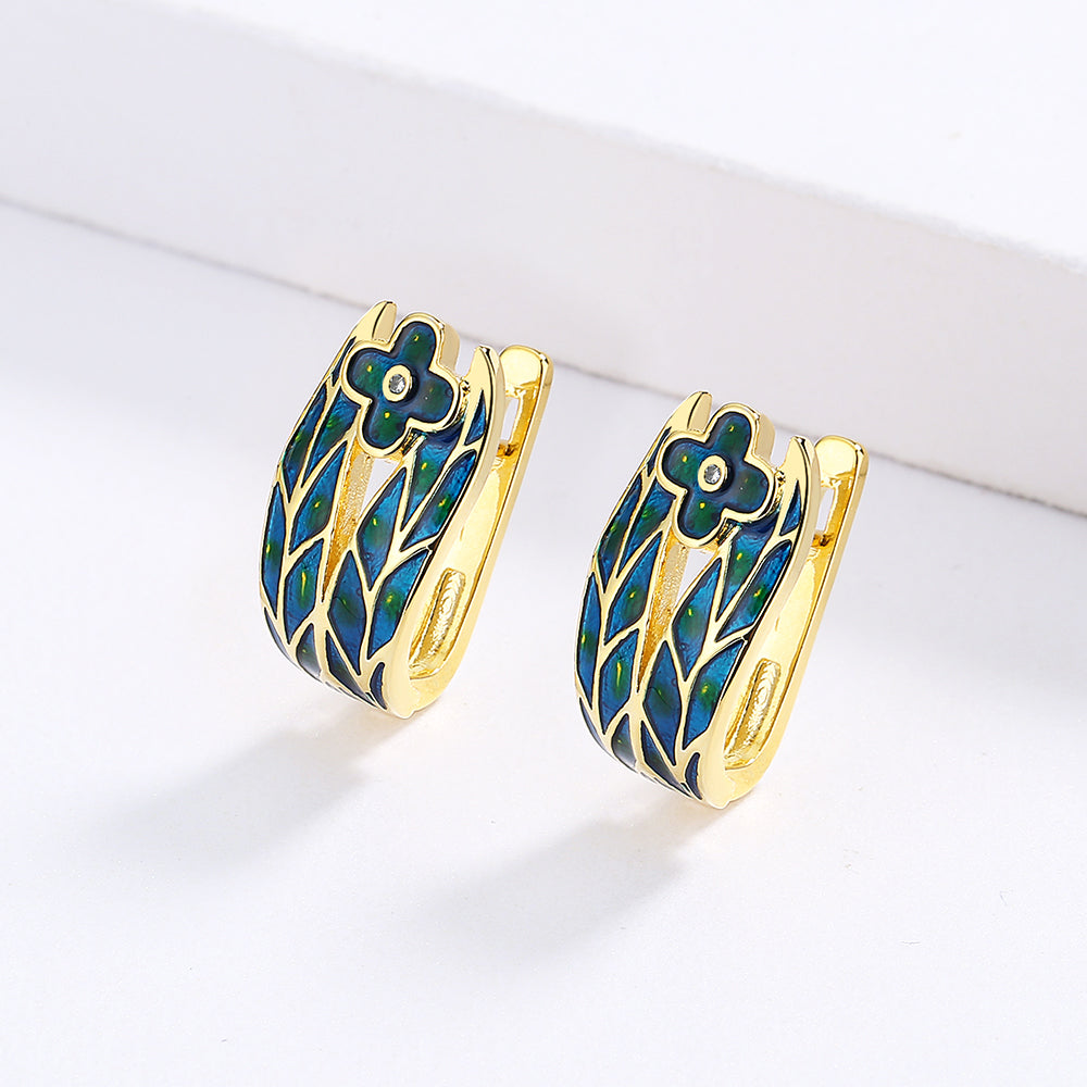 Earrings in Gold Tone with Blue Enameled Flowers and Inlaid Pearl