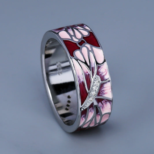 Silver Ring with Enameled Pink Flowers