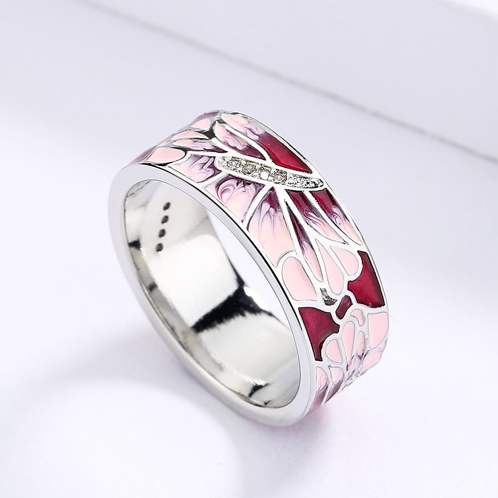 Silver Ring with Enameled Pink Flowers