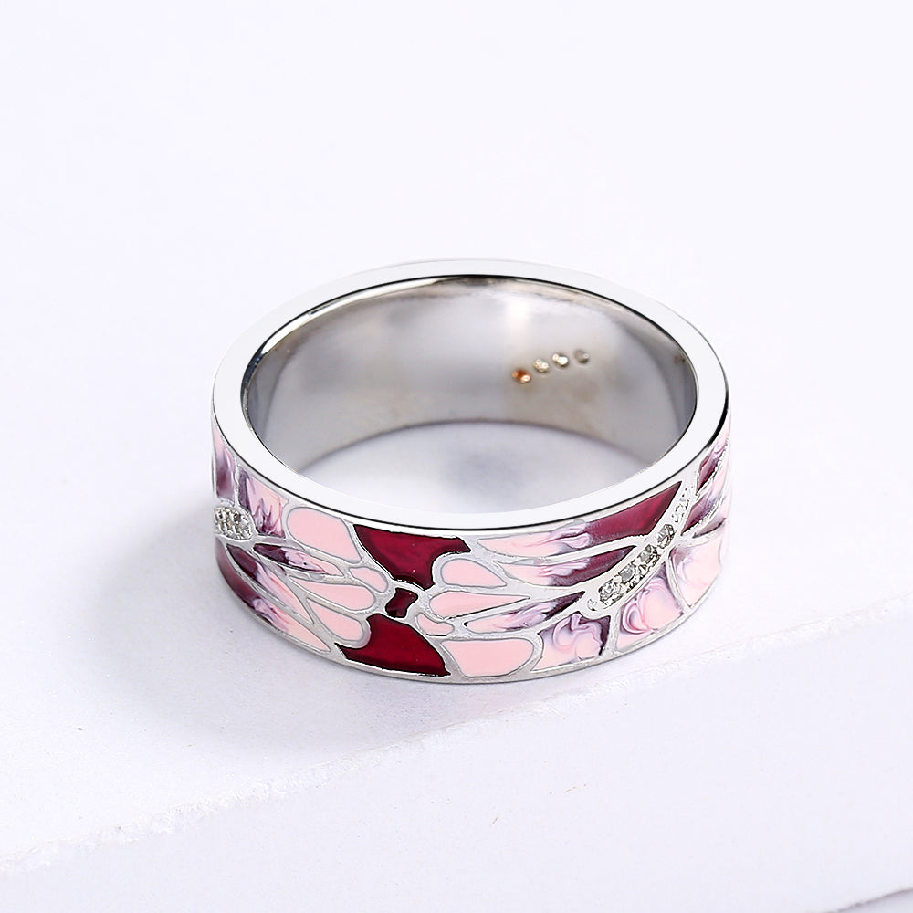 Silver Ring with Enameled Pink Flowers