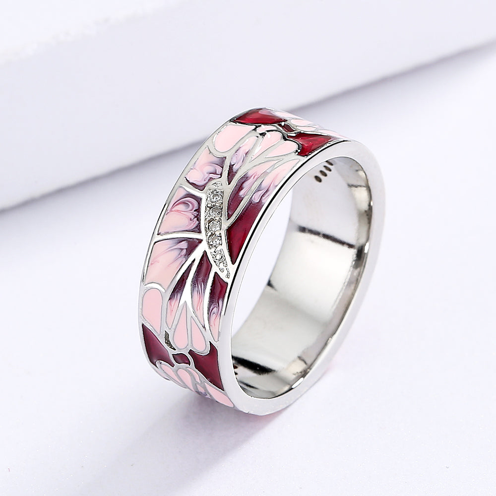 Silver Ring with Enameled Pink Flowers