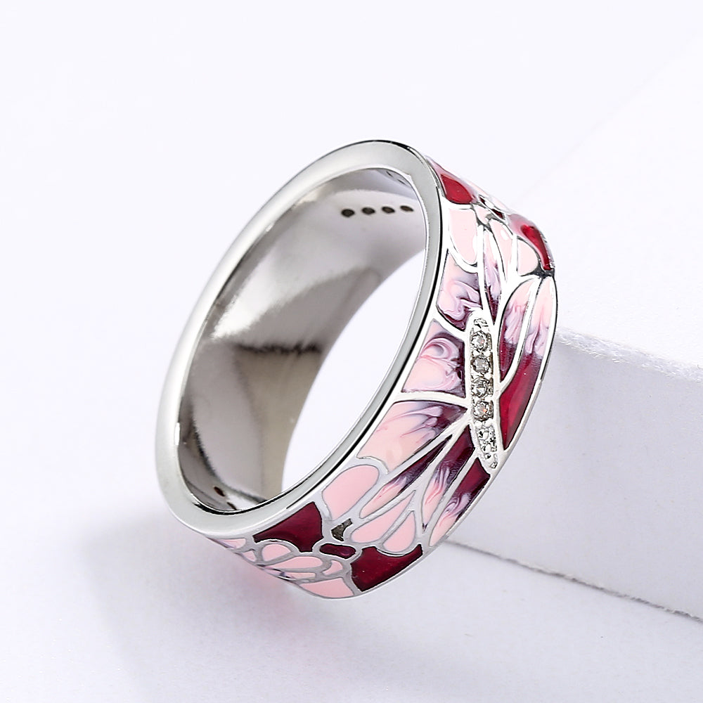 Silver Ring with Enameled Pink Flowers