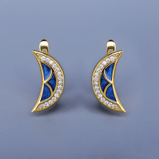 Curved Moon Shape Earrings Enameled in Blue Color