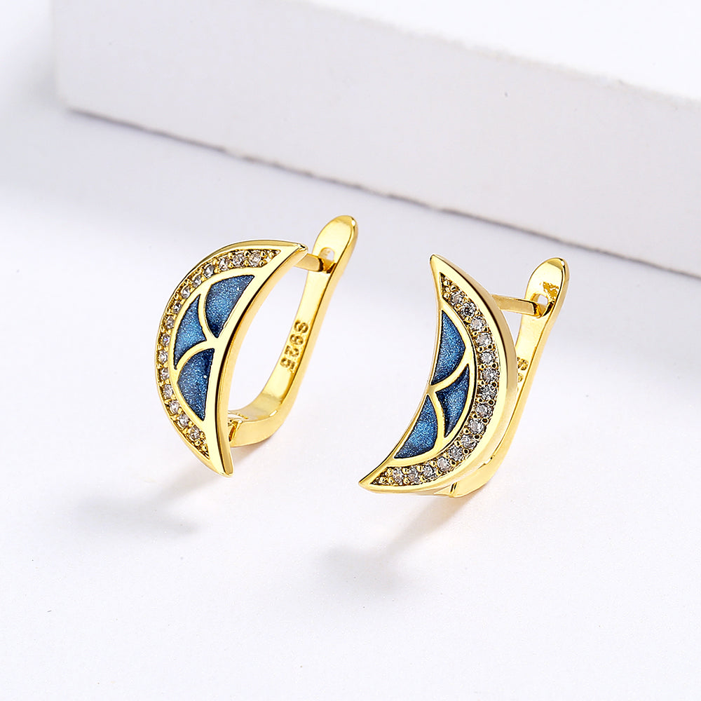 Curved Moon Shape Earrings Enameled in Blue Color