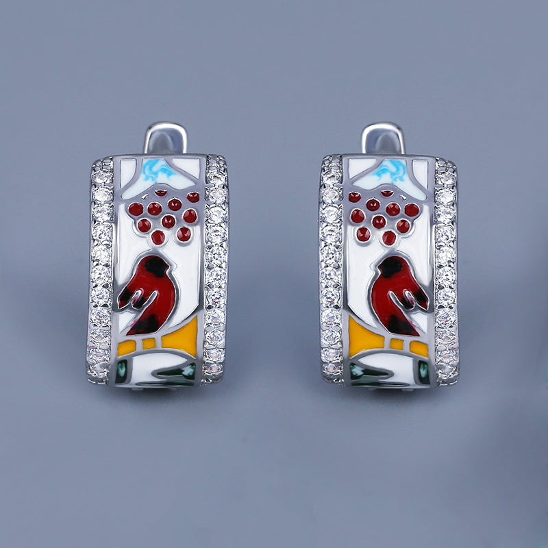 Silver Earrings with Enameled Bird and Zirconia