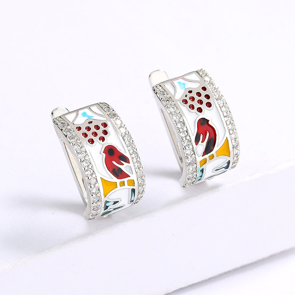 Silver Earrings with Enameled Bird and Zirconia