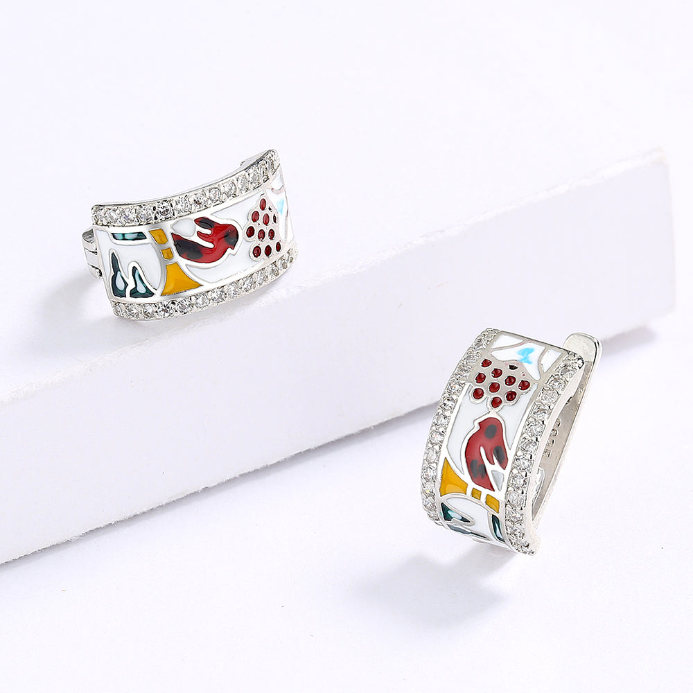 Silver Earrings with Enameled Bird and Zirconia