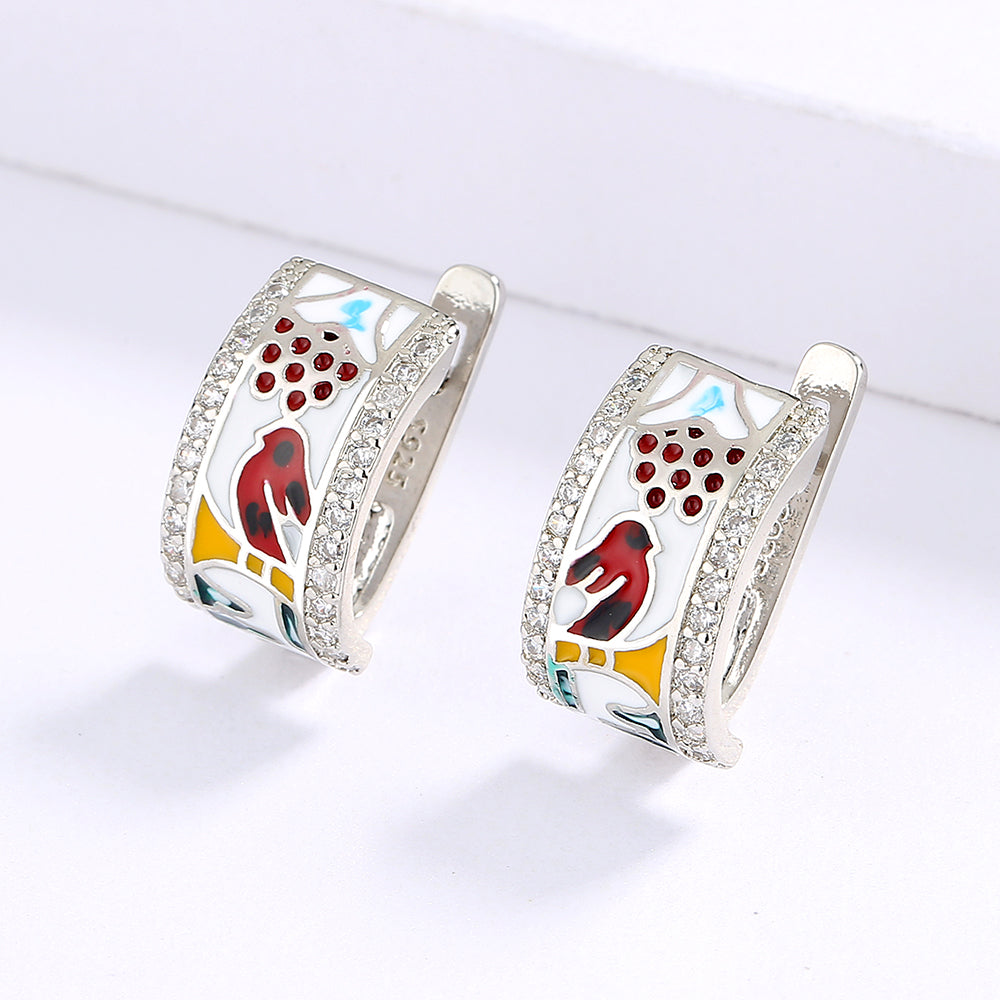 Silver Earrings with Enameled Bird and Zirconia