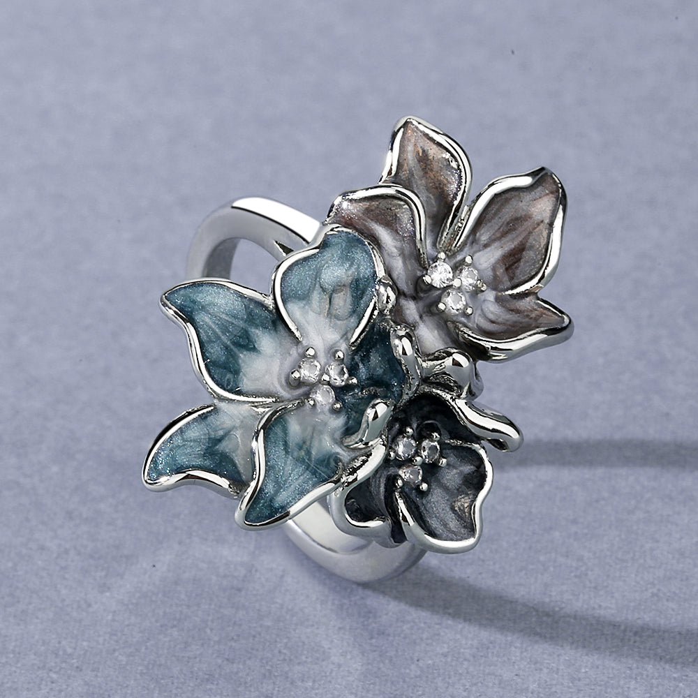 Silver Ring with Enameled Flower Shape