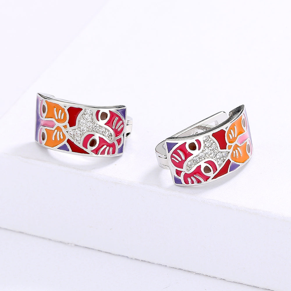 Set of Earrings and Ring with Cat Enameled