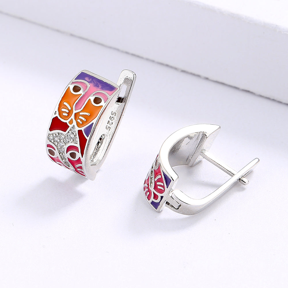 Set of Earrings and Ring with Cat Enameled