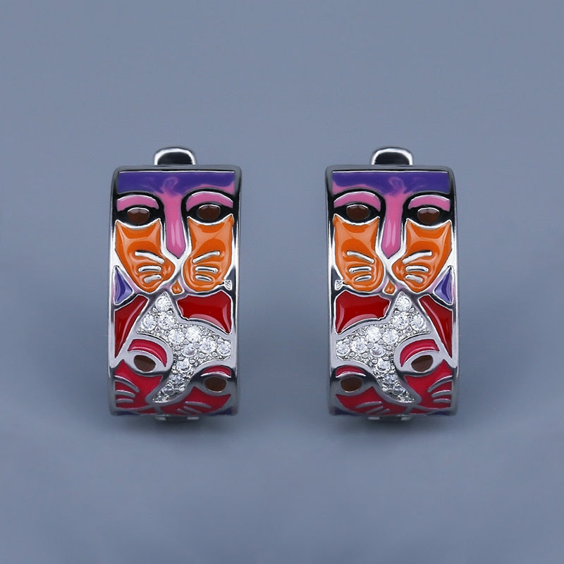 Set of Earrings and Ring with Cat Enameled