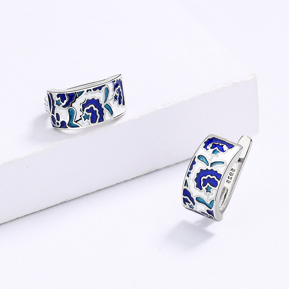 Earrings with Enameled Flowers in Blue Color