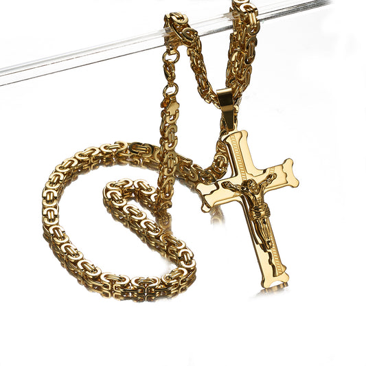 Stainless Steel Byzantine Chain with Cross Pendant in Gold Color