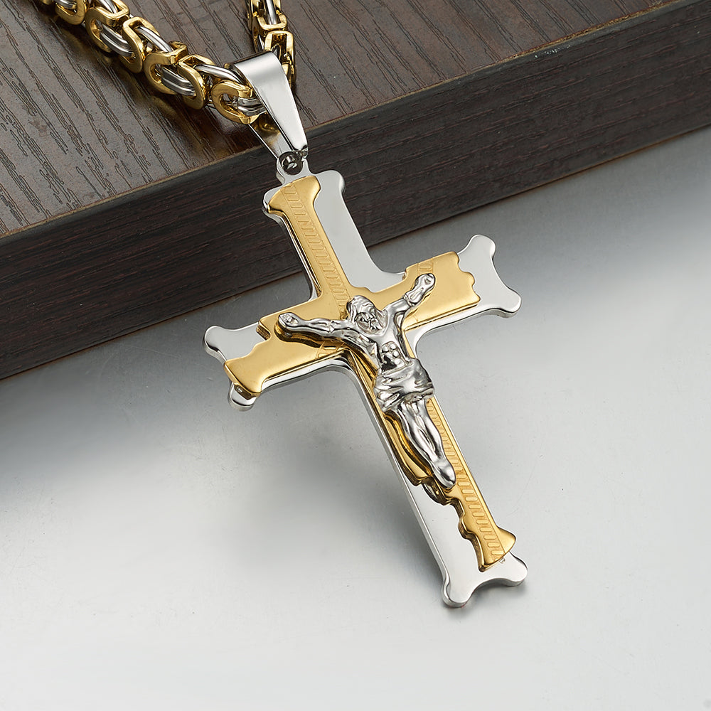 Stainless Steel Byzantine Chain with Cross Pendant in Silver-Gold Color