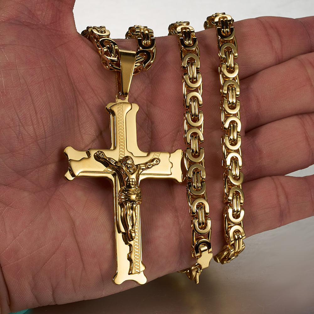 Stainless Steel Byzantine Chain with Cross Pendant in Gold Color