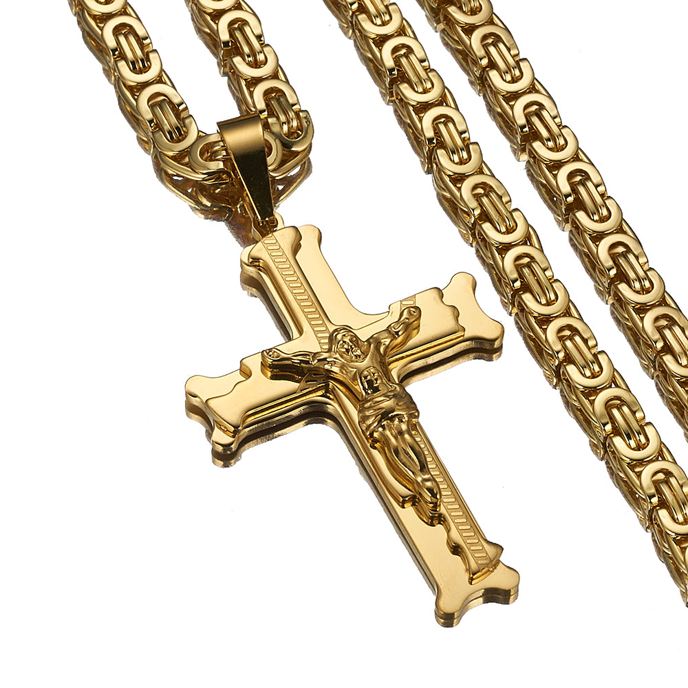 Stainless Steel Byzantine Chain with Cross Pendant in Gold Color