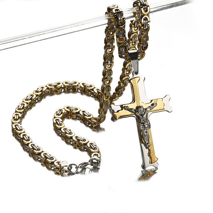 Stainless Steel Byzantine Chain with Cross Pendant in Silver-Gold Color