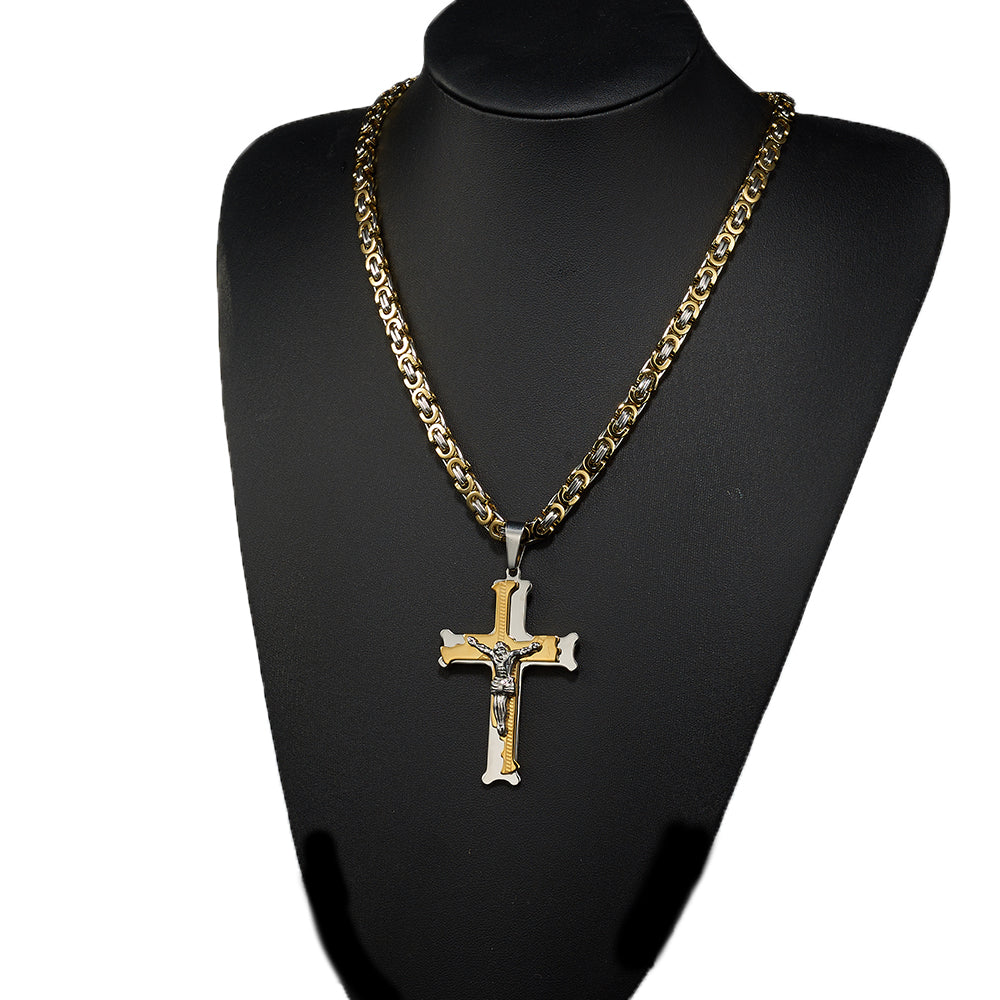 Stainless Steel Byzantine Chain with Cross Pendant in Silver-Gold Color