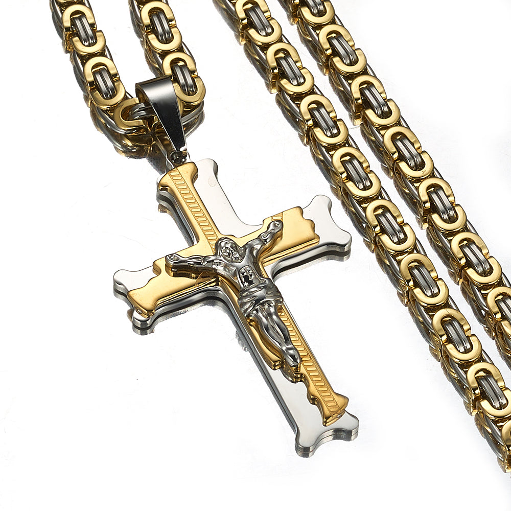 Stainless Steel Byzantine Chain with Cross Pendant in Silver-Gold Color